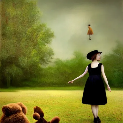 Image similar to a girl standing in a park, alone, wearing black dress and hat, holding teddy bear, detailed hands, by andrea kowch, dark, scene, magic realism