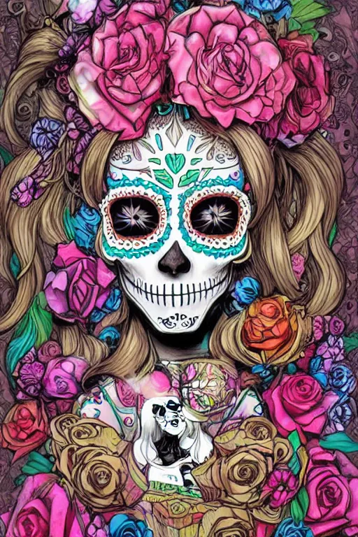 Image similar to illustration of a sugar skull day of the dead girl, art by kenneth rocafort