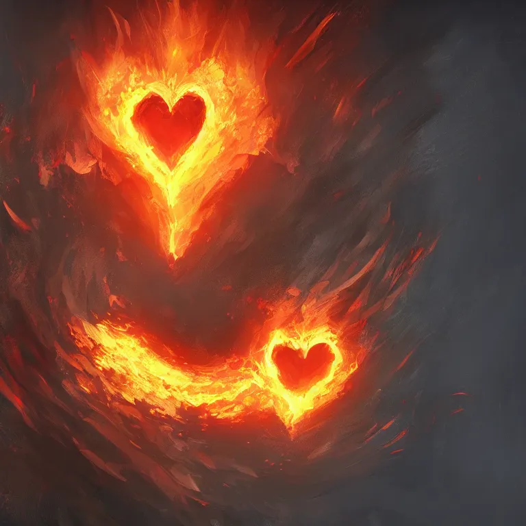 Prompt: Heart in the shape of flames, hellfire, dark souls concept art, Feng Zhu concept art, dramatic lighting, trending on artstation, high-quality wallpaper, desktopography