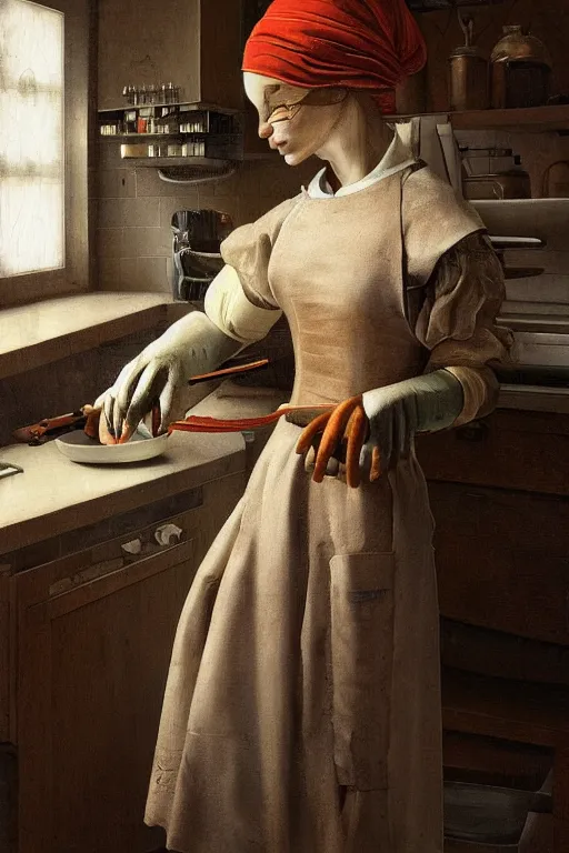 Prompt: a beautiful ultradetailed painting of kitchen maid, neohuman ， sci - fi, cyberpunk, futuristic, raphael lacoste, andres rios, jan urschel, jan vermeer, trending on artstation, detailed wood carving.