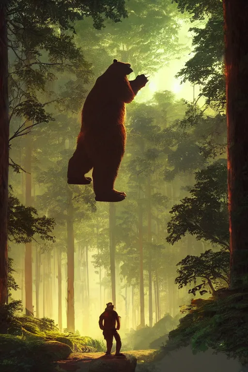 Prompt: giant bear cyborg, solarpunk, organic bioluminescent street lights, forest canopy understory, cinematic lighting, sunset, octane render, 3 d pixar disney digital cgi rtx hdr painting, highly detailed, artstation cgsociety masterpiece, by syd mead, greg rutkowski, wlop, artger