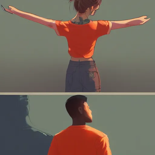 Prompt: man in orange t - shirt hugging from behind girl, vivid colors, character sheet, fine details, concept design, contrast, kim jung gi, greg rutkowski, trending on artstation, 8 k, full body, turnaround, front view, back view, ultra wide angle