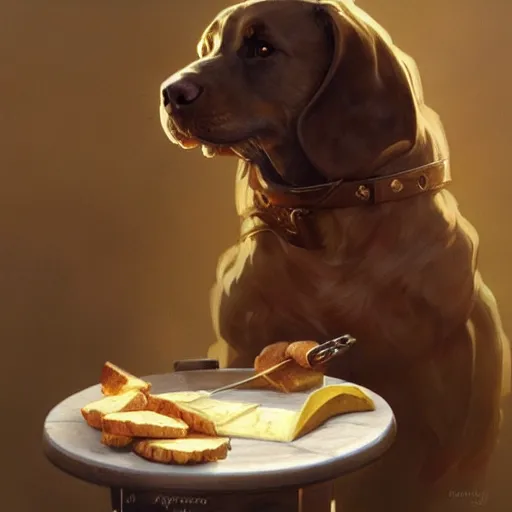 Prompt: a portrait of Dog devouring cheese, highly detailed, digital painting, artstation, concept art, sharp focus, illustration, art by artgerm and greg rutkowski and alphonse mucha