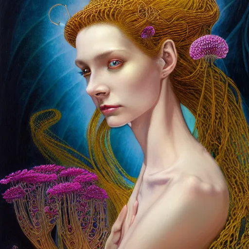 Image similar to portrait of a young female wizard in flowing sensual dress, arrogant, long fine flowing hair, delicate, looking at camera, slight nerdy awkward smile, realistic face, realistic hands, stylish, elegant, grimdark fantasy, flowers, mysterious, extremely detailed painting inspired by Gerald Brom and Ernst Haeckel and Victor Nizovtsev, studio lighting