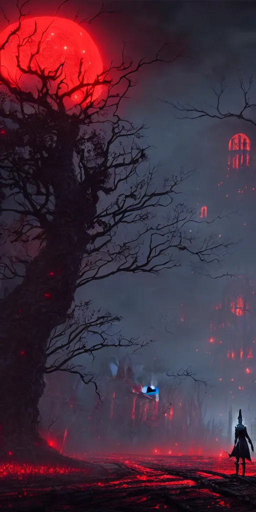 Image similar to abandoned bloodborne old valley with a person at the centre and a ruined city at the end, trees and stars in the background, falling red petals, epic red - orange moonlight, perfect lightning, illustration by niko delort and kentaro miura, 4 k, ultra realistic