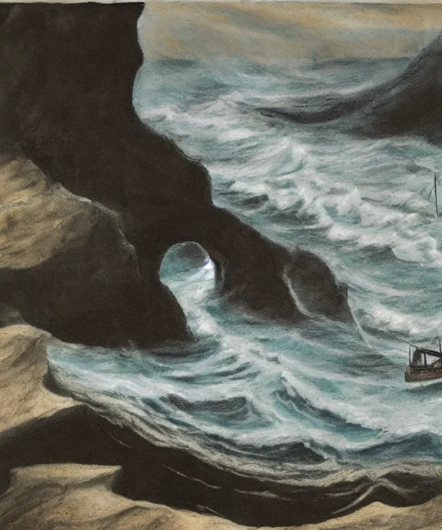 Image similar to photorealistic mixed - media painting of a 1 9 2 5 seiner sailing near a short tropical cliff with the mouth of a sea cave at the waterline, dark, brooding, atmospheric, lovecraft, horror, smooth, epic, highly detailed, cinematic, by emily carr