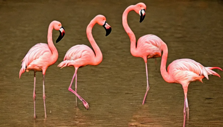 Prompt: flamingos in a stalinist style kitchen, by mini dv camera, very very low quality, heavy grain, very blurry, accidental flash, caught on trail cam