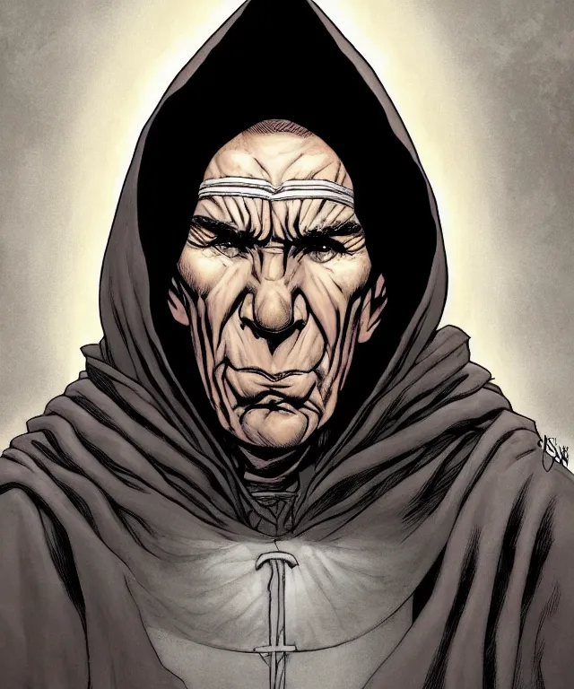 Prompt: a ( fantasy comic ) ( cover art ) portrait of a hooded monk who looks like ( pete postlethwaite ), digital illustration by jenny frison and sana takeda and kentaro miura, fine inking lines, vivid colors, dnd, highly detailed!, hd, 4 k, trending on artstation