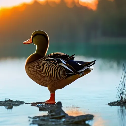 Prompt: a duck who's a photographer, duck is holding a camera, with sunset in the background