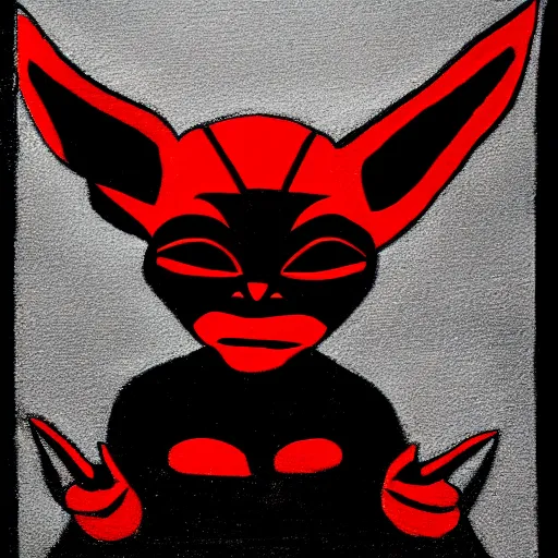 Prompt: abstract drawing of black and red baby yoda with black background, high contrast, 4k