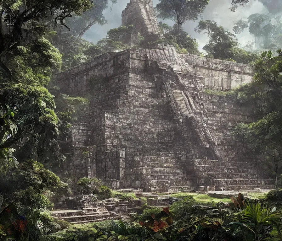 Image similar to a cinematic view of the beautiful ruins of a futuristic mayan temple in the jungle of yucatan, art by federico pelat and greg rutkowski and alejandro burdisio