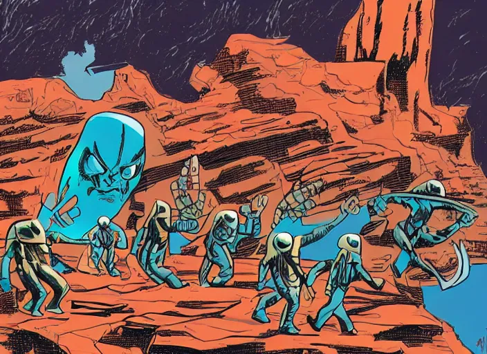 Image similar to comic book drawing of aliens building a base at the grand canyon by jack kirby!!! and gris grimly, cinematic, epic, awesome bright color palette, hard contrast, black ink outlines