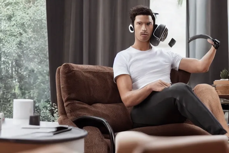 Image similar to a man wearing a white t - shirt and black sweat pants and wearing headphones is sitting in a brown leather chair in a living room