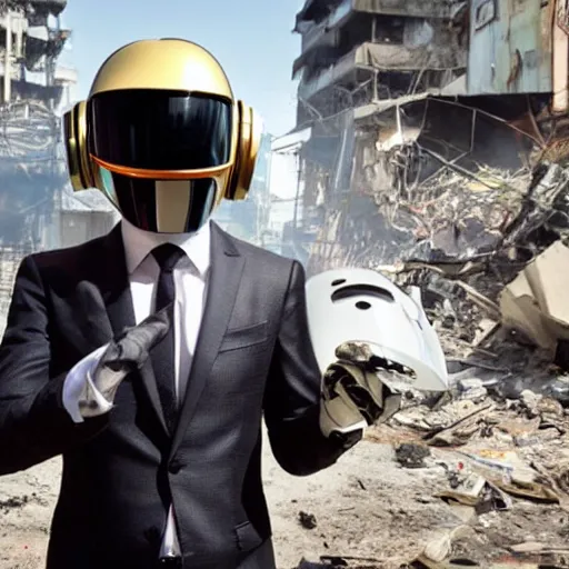 Image similar to Man in a suit holding a daft punk helmet in one hand, looking at an explosion, favela