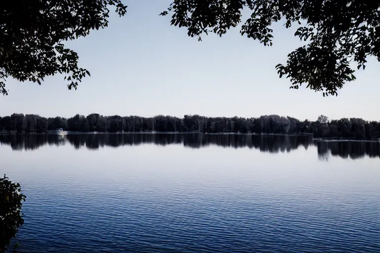 Image similar to a building formed by many white bubble shaped spaces arranged and combined, on the calm lake, people's perspective