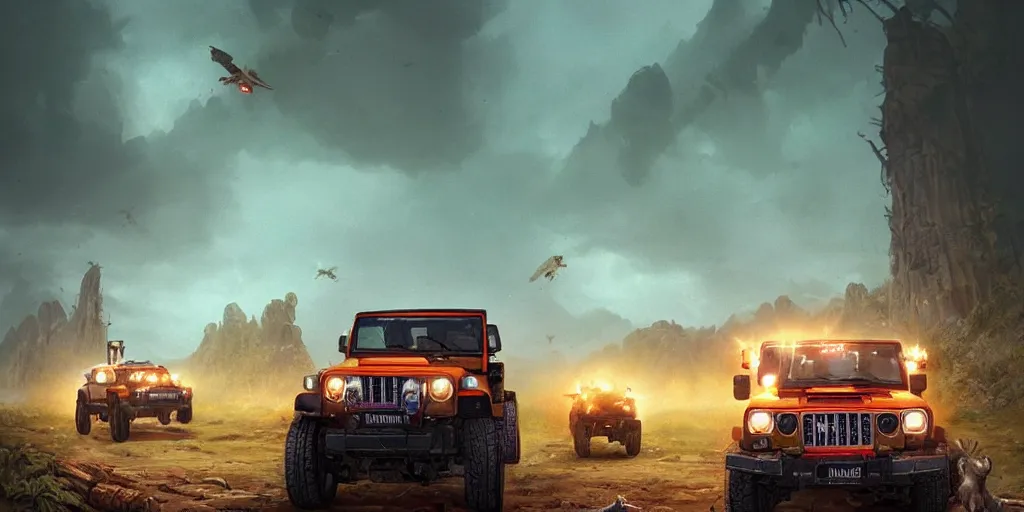 Image similar to Mahindra thar, headlights turned on, animals attacking, furious action scene, an epic fantasy, dramatic lighting, cinematic, establishing shot, extremely high detail, photorealistic, cinematic lighting, matte painting, artstation, by simon stalenhag, horizon forbideen west