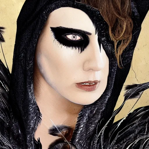 Image similar to jennifer connelly as odile the black swan, gray skin, wearing black hooded cloak, black feathers instead of hair, black feathers growing out of skin, bumpy skin, screaming, losing control, black feathers growing out of face, black hands with black claws, highly detailed, comic book, romantic, mike mignogna, david mack, trending on artstation