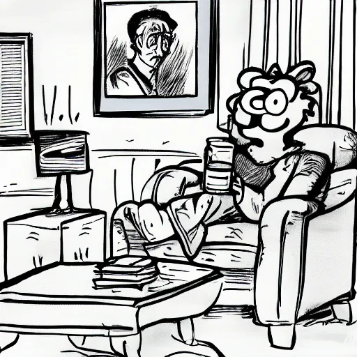 Prompt: A very sad Jon Arbuckle sitting in his living room at home while holding a beer and being depressed, extremely depressed while watching TV, Garfield is on his lap, very nostalgic, very melancholic, dramatic angle, rotoscoped, rotoscope, photoshop, photomanipulation, realism, painting, illustration and sketch, weird scribbles, hybrid styles, hybrid art styles, mismatched, trending on artstation, trending on deviantart, weird, quirky, interesting, very detailed, highly detailed, HD Quality, 4k resolution, 8k resolution, in the style of David Firth, in the style of James Lee, in the style of Drue Langlois,