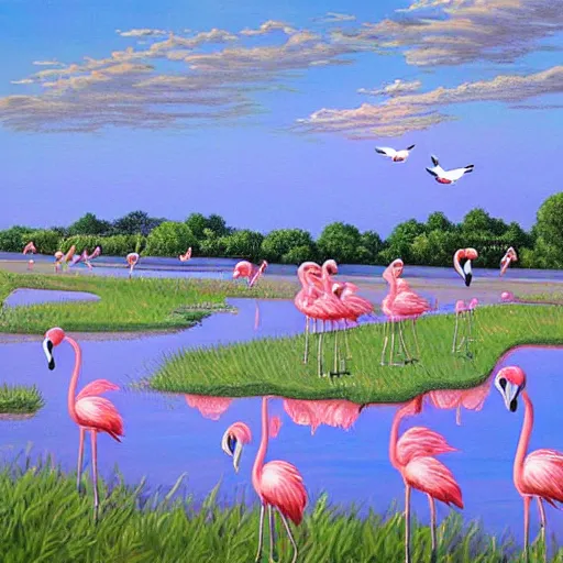 Prompt: a painting of an artist surprised at flamingos flying out of a canvas, art by scott fischer