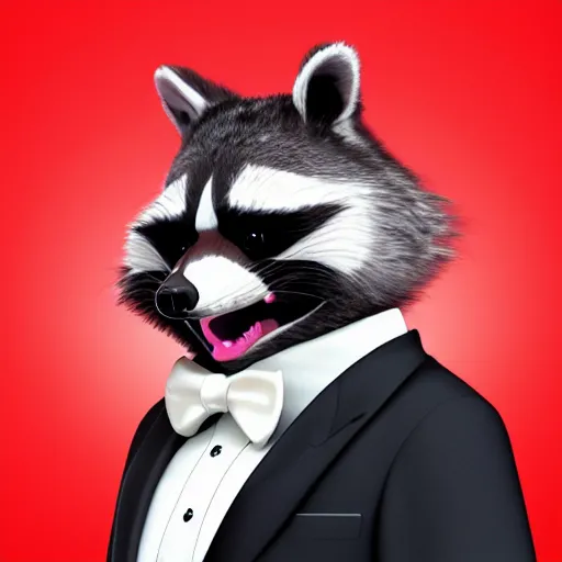 Prompt: A person with a raccoon head, tongue out, neck visible, wearing a white tuxedo, artstation, red background