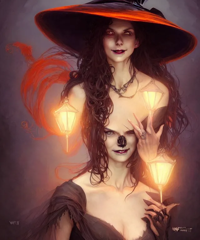 Image similar to halloween witch woman in a hat smiles, fantasy magic, undercut hairstyle, dark light night, intricate, elegant, sharp focus, illustration, highly detailed, digital painting, concept art, matte, art by wlop and artgerm and greg rutkowski and alphonse mucha, masterpiece