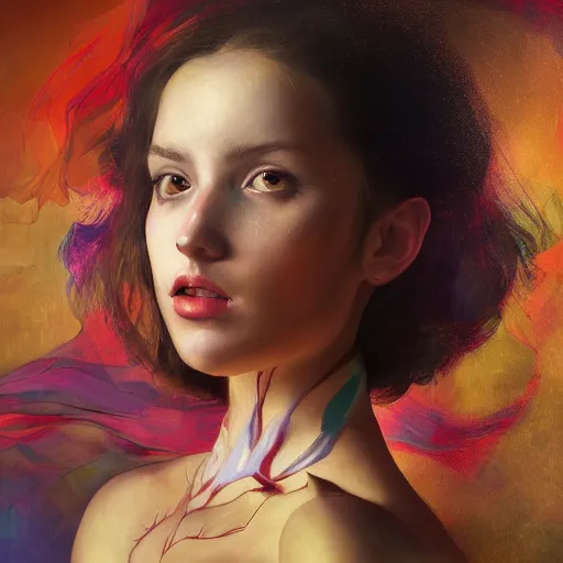 Image similar to a beautiful painting of realistic full body of a beautiful girl in cape, mechanical arm, face by Artgerm, symmetrical portrait, symmetrical eye, trending on artstation, painting by Alexander Jansson + Anthony Van Dyck + Anna Dittmann, complementary colors, dramatic lighting, Unity Creations, super detailed, 8k, no watermarks