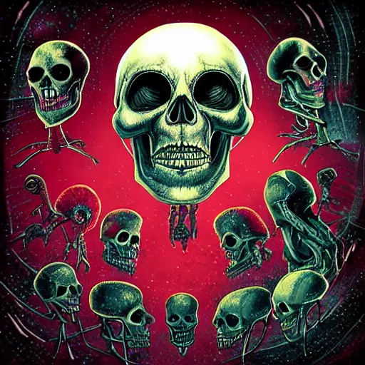 Prompt: alien skull and skeletons in darkness organic machine anatomy dark cosmic horror scifi cover style menacing scary uncanny eerie style heavy brushstrokes dramatix album cover red