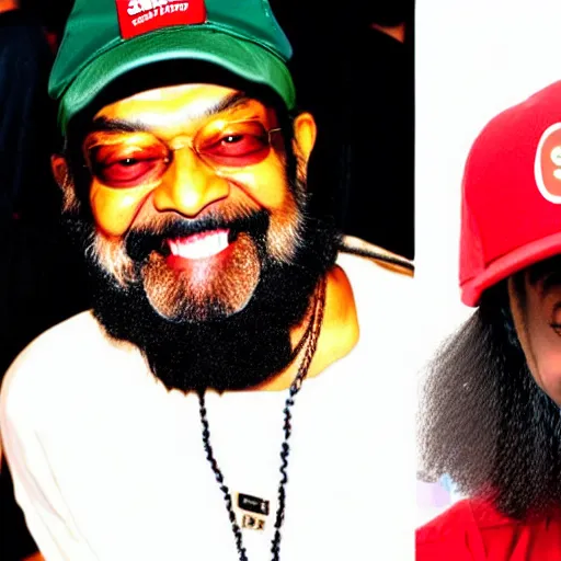 Image similar to osho wearing a supreme cap and smiling with grillz