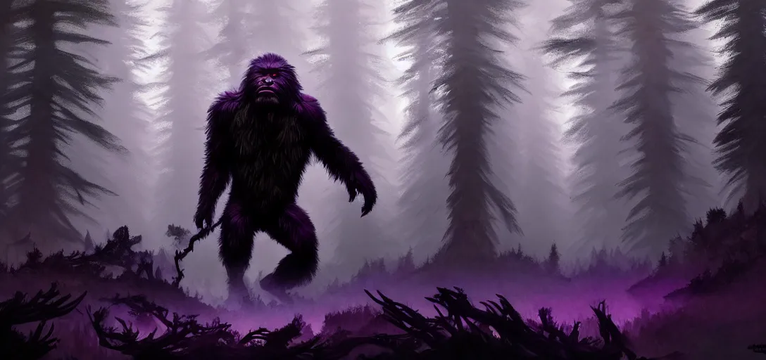 Image similar to highly detailed painting of a sasquatch with dark purple eyes in a dark forest, cinematic lighting, dramatic atmosphere, by dustin nguyen, akihiko yoshida, greg tocchini, greg rutkowski, cliff chiang, 4 k resolution, luminous forest background