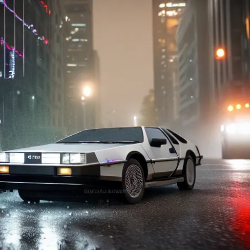 Image similar to hyperdetailed, photorealistic photograph of a dmc 1 2 delorean driving in the streets, rain, night, dense fog, hd, unreal engine 5