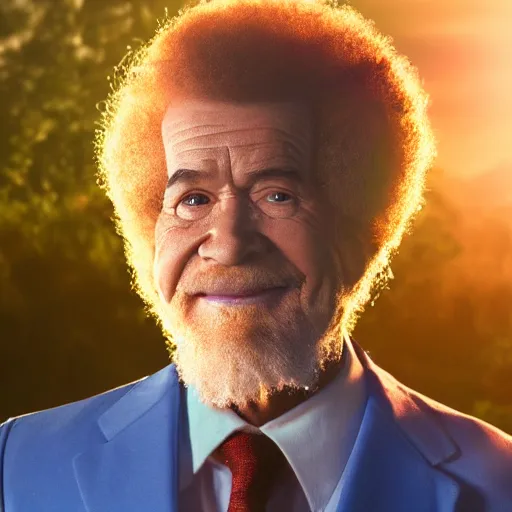 Image similar to a still of Bob Ross as Ironman. Magic Hour. Professional photography, 4K. Mood