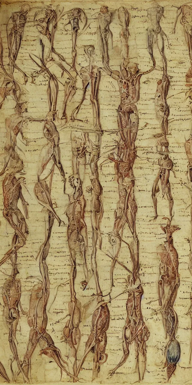 Prompt: an open page of the voynich manuscript, depicting a digital painting of human anatomy by da vinci, extremely detailed, professional, epic highlights, full colors