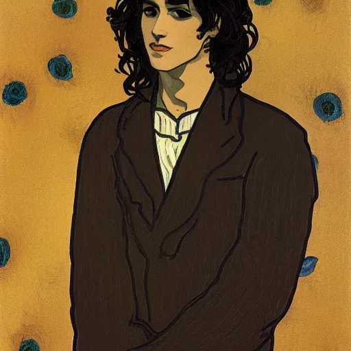 Image similar to painting of young cute handsome beautiful dark medium wavy hair man in his 2 0 s named shadow taehyung at the halloween pumpkin jack o'lantern party, depressed, melancholy, autumn, japan, elegant, clear, painting, stylized, delicate, soft facial features, delicate facial features, soft art, art by alphonse mucha, vincent van gogh, egon schiele