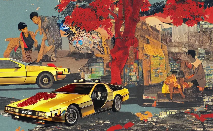 Image similar to a red delorean and a yellow tiger in ajegunle slum of lagos - nigeria, painting by hsiao - ron cheng, utagawa kunisada & salvador dali, magazine collage style,