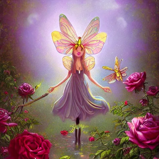 Prompt: tiny whimsical pixies with dragonfly wings in a garden flying over rose bushes, ornate gilded details, pastel colors, a surrealist painting, wiccan, featured on cgsociety, pop surrealism, surrealist, dramatic lighting