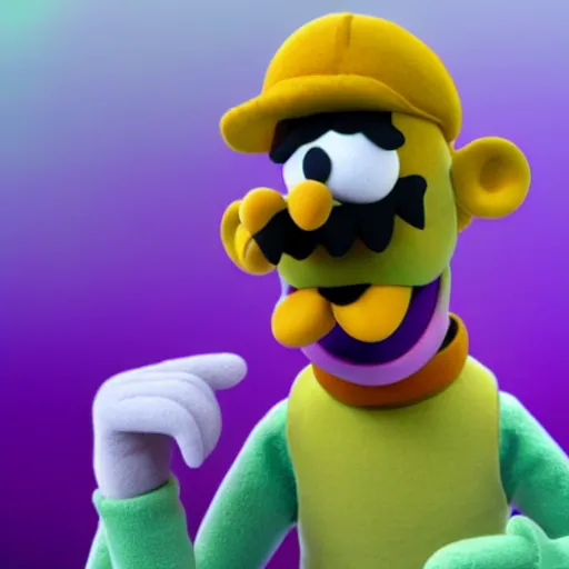 Prompt: A still of Waluigi reimagined as a Muppet, photorealistic