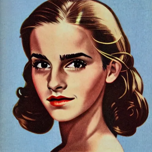 Image similar to Emma Watson portrait, vintage magazine illustration 1950