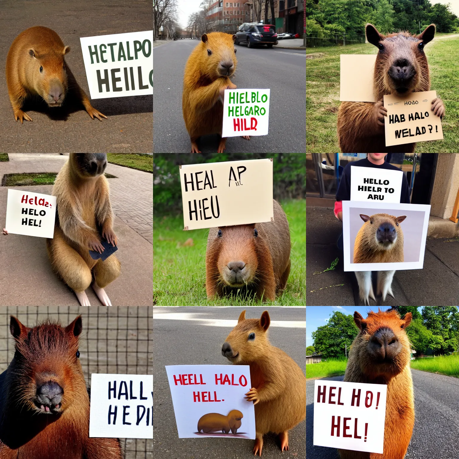 Prompt: realistic high quality photo of a capybara holding a sign with text that reads : hello