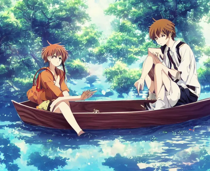 Image similar to anime key visual of a young man anime and young woman anime sitting together on one single long wooden rowboat. Romantic. Girl has auburn hair. Boy has short black hair. Boy and girl. Boy and girl. Narrow river in a forest, rocky shore, trees, shady, blue waters, ripples, waves, reflections, details, sharp focus, illustration, by Jordan Grimmer and greg rutkowski, Trending artstation, pixiv, digital art