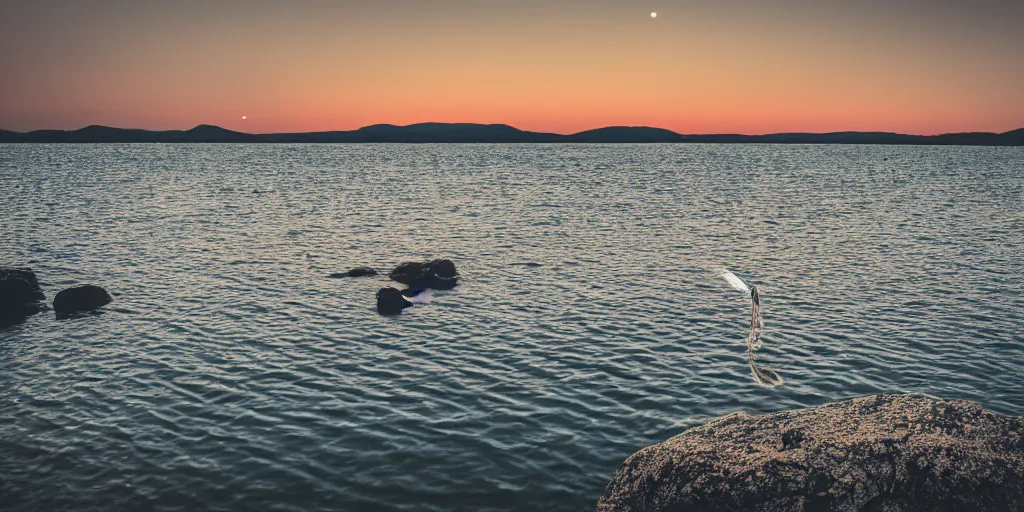 Image similar to cinematic shot of a lake with a rope floating in the middle, a rocky foreground, sunset, a bundle of rope is in the center of the lake, eerie vibe, leica, 2 4 mm lens, 3 5 mm kodak film, f / 2 2, anamorphic