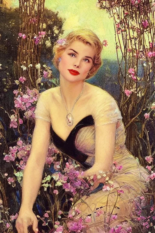 Prompt: A young Grace Kelly explaining the birds and the bees in the style of Gaston Bussière, art nouveau, art deco. Extremely lush detail. Night scene. Perfect composition and lighting. Award-winning mixed media photograph f1.8. Surreal architecture from the future. A shaft of moonlight illuminates her.