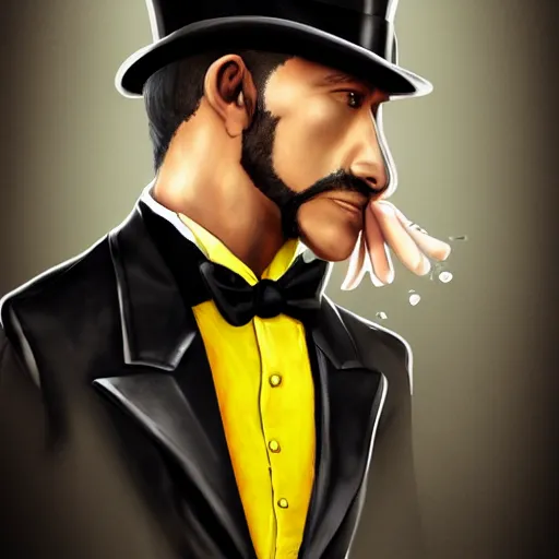 Image similar to a highly detailed portrait of a man in a high top hat covering his face, in a black tailcoat with a yellow waistcoat under the tailcoat, artstation, deviantart, professional, unreal engine 5, photorealistic