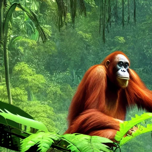 Prompt: scene from videogame, orangutan in the rainforest