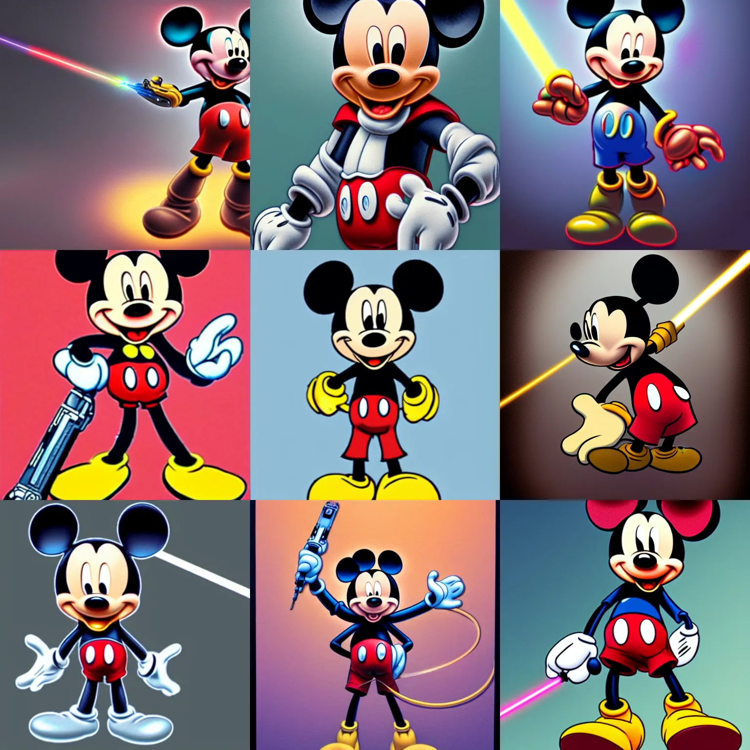 Prompt: highly detailed realistic style, mickey mouse wearing futuristic mech suit and holding a laser sword
