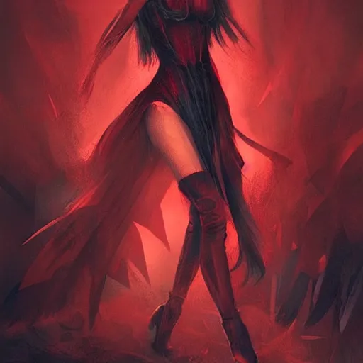 Image similar to the fall of a super mad and with extrem anger filled demon girl in hell with a dark red dress, oppressive and dark amotsphere with many shadows, blood and dark red highlights, concept art by aleksandra waliszewska