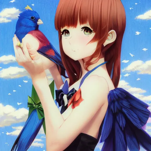 Image similar to colored pencil, anime art, beautiful full body female pinup girl, holding an indigo bunting bird, the bird is wearing a bowtie, wlop, rossdraws sakimimichan, ilya kuvshinov, krenz cushart, greg rutkowski