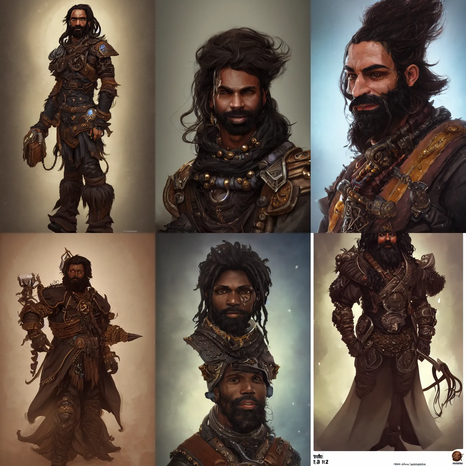 Prompt: Portrait of a DnD Artificer, dark brown skin, long black hair, male, crazy beard, asymmetry armor, solo, ornate, huge, by Frank Franzzeta, trending on twitter, artstationHD, artstationHQ, fantasy, octane, 8k HD