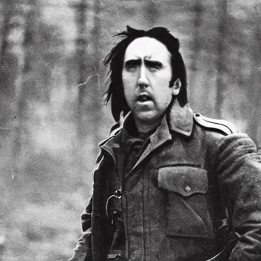 Prompt: nic cage fighting in world war one, vintage photography,