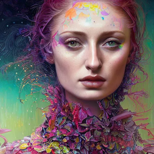 Image similar to portrait of sophie turner, hyper detailed masterpiece, neon floral pattern, jean giraud, digital art painting, darkwave goth aesthetic, psychedelic, artgerm, donato giancola and tom bagshaw