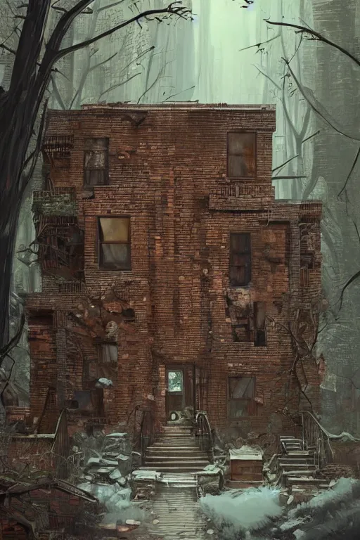 Image similar to (((((a ramshackle Manhattan brick brownstone deep in the forest))))) by Tim McBurnie!!!!!!!!!!!!!!!!!!!!!!!!!!!